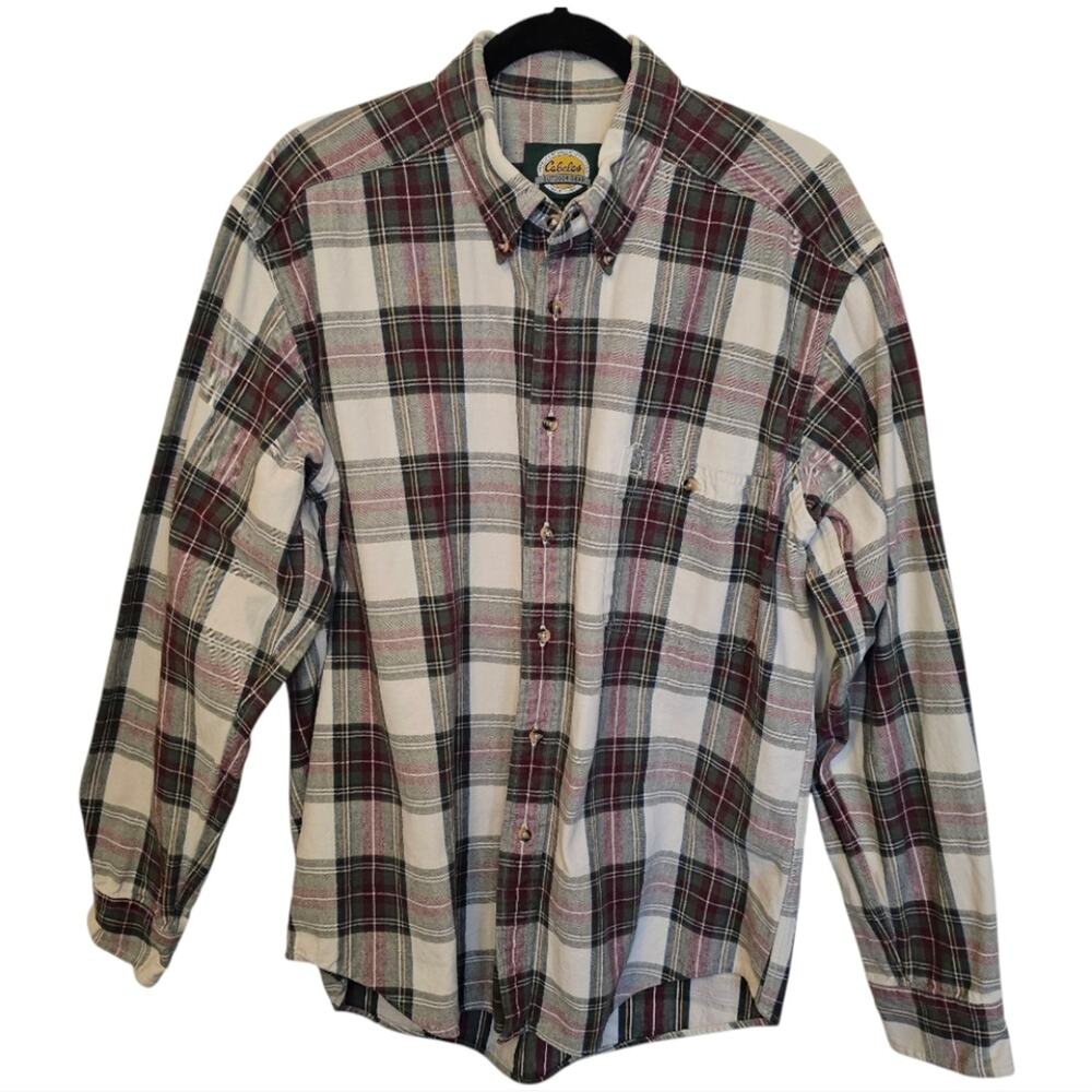 Cabela’s Button Down Shirt – Size Large – Tan, Green & Burgundy Plaid